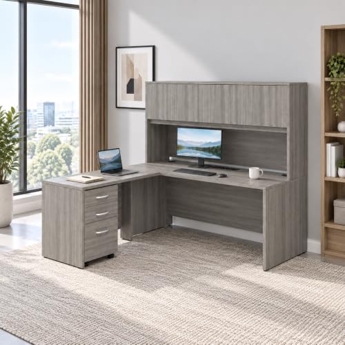 71" L Shaped Executive Desk with Hutch, Built-In Power & Storage Cabinet, view 2
