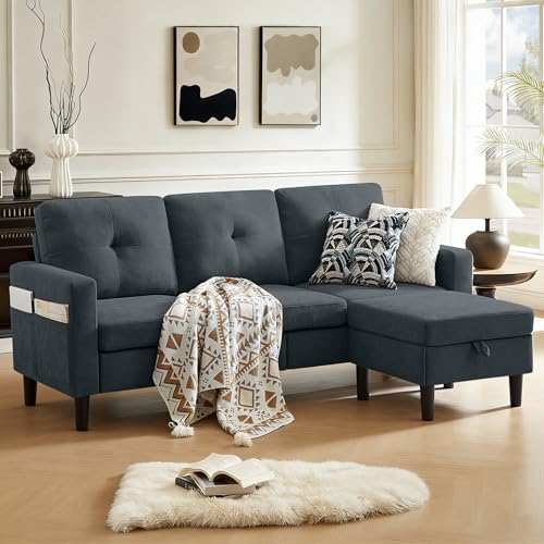 80" Convertible Sectional Sofa Couch with Movable Ottoman, 3 Seats Sectional Sofas L Shaped Couch for Small Spaces, Soft Fabric Couch for Living Room (Dark Grey)