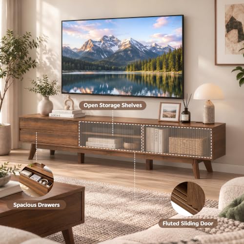 78" Fluted TV Stand with Power Outlet, Living Room TV Stand Walnut, view 5