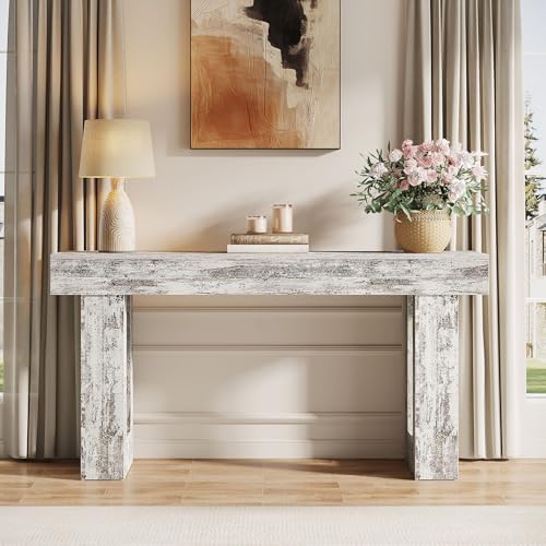 Tribesigns 63-Inch Long Console Table, Wooden Rectangular Sofa Table Behind The Couch, Farmhouse Entryway Table for Entrance, Hallway, Living Room (Distressed White)
