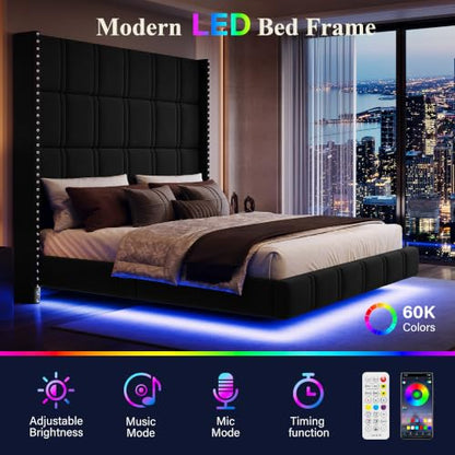Queen Floating Bed Frame with 72.44" Extra-Tall Headboard, Black, view 5