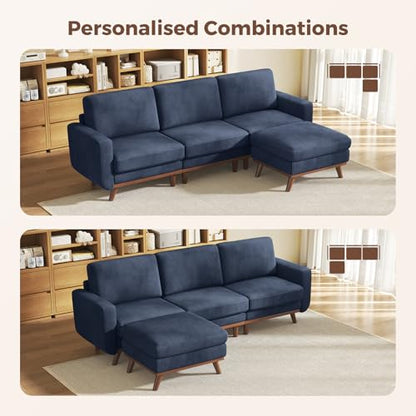 97" Modular Sectional Sofa Dark Blue, L-Shaped Couch with Movable Ottoman, Comfy Corduroy Couch with Spring Cushion, Modular Sofa with Deep Seat for Living Room, Bedroom and Apartment