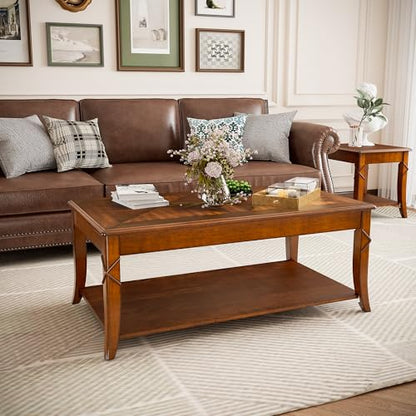 2-Tier Solid Wood Coffee Table with Shelf, 43.3 * 23.6 * 17.7in | Vintage Rectangle Cocktail Table with Dual Hourglass Top, Apartment Center Sofa Table with Curved Legs for Living Room