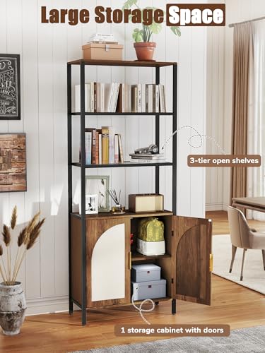 71" Tall Rattan Bookcase with LED Light, 3 Open Shelves & 2 Door Storage Cabinet, Mid Century Boho Bookshelf, Open Display Bookcase for Living Room, Home Office, Bedroom