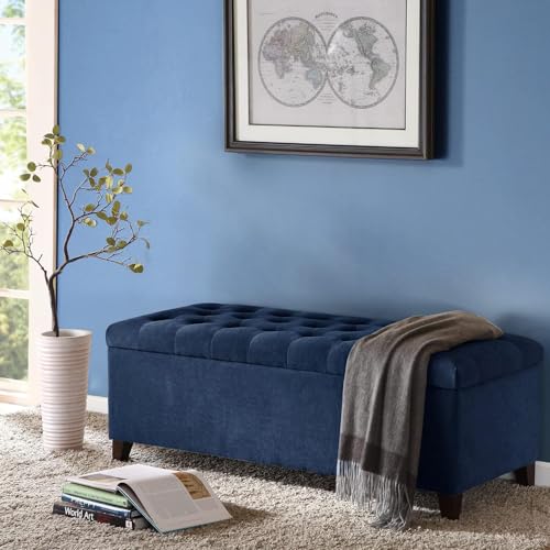 Contemporary Style Shandra Storage Ottoman Tufted Design with Top Upholstered Bench Foot Rest for Bedroom and Living Room Decor, Medium, Navy