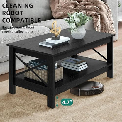 Coffee Table for Living Room, Modern Farmhouse Coffee Table with Storage, 2-Tier Center Table Wood Living Room Table Accent Cocktail with Sturdy Frame, Black