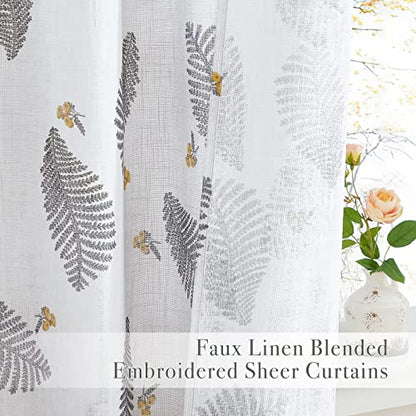 Floral Sheer Curtains - Linen Textured, Leaves Print Embroidery Boho Curtains Grommet Top Durable View Through for Teens Bedroom, Kitchen, Living Room, W 50" x L 84", 2 Panels, White
