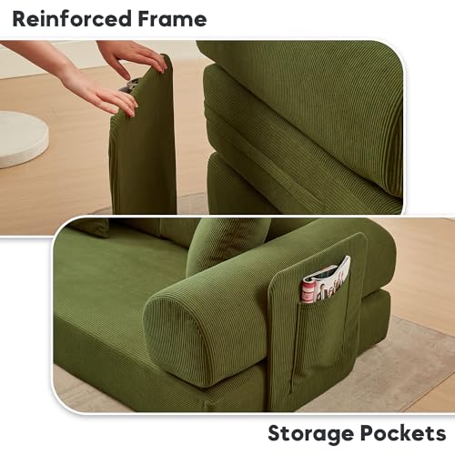L Shaped Modular Sofa Bed with Cylindrical Pillow & Reversible Chaise, Corduroy Folding Floor Convertible Sofa Couch Bed with Fixed-Shape Frame & Storage Pocket for Living Room, Green