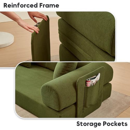 L Shaped Modular Sofa Bed with Cylindrical Pillow & Reversible Chaise, Corduroy Folding Floor Convertible Sofa Couch Bed with Fixed-Shape Frame & Storage Pocket for Living Room, Green