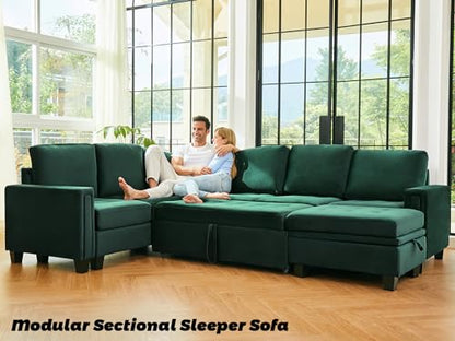 Pull Out Sofa Bed Module Part for Modular Sectional Sleeper Sofa Armless Loveseat with Pull Out Bed for Sectional Couch Green
