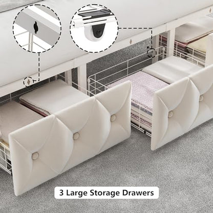 King Upholstered Canopy Bed Frame with 3 Storage Drawers & Button Tufted, view 8