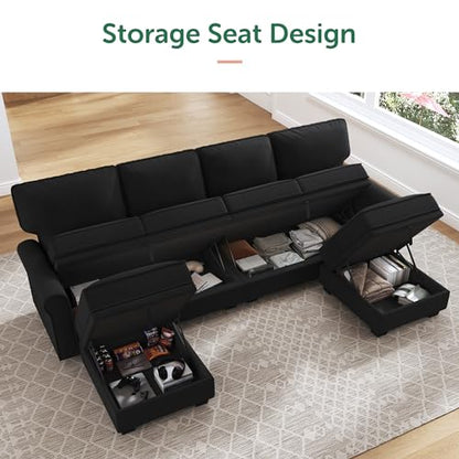 Sectional Sofa with Storage Seat Velvet U Shaped Couch with Reversible Chaise Convertible Sectional Couches for Living Room,Black Velvet