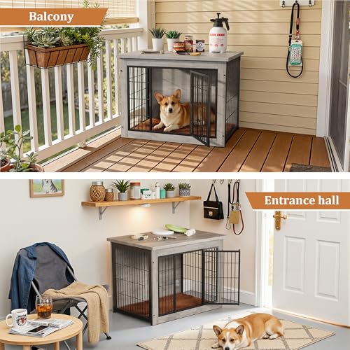 3-in-1 Wooden Dog Crate Furniture, Side Table & Kennel with Cushion, view 7