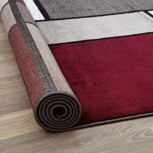 Modern Geometric Boxes Red Area Rug, Non-Shedding Carpet for Living Room, Bedroom, or Dining Room, 5'3" x 7'3"