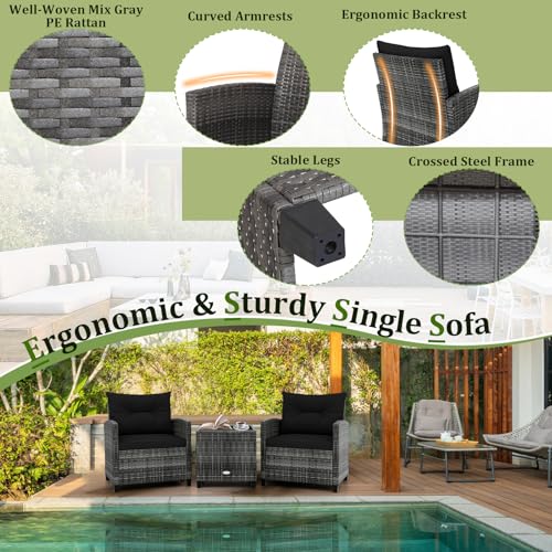 3 Piece Patio Furniture Set, Wicker Bistro Conversation Set w/2 Cushioned Armchairs & Glass Topped Table, Outdoor Rattan Sofa Set Patio Furniture for Porch Balcony Poolside (Grey-Black)