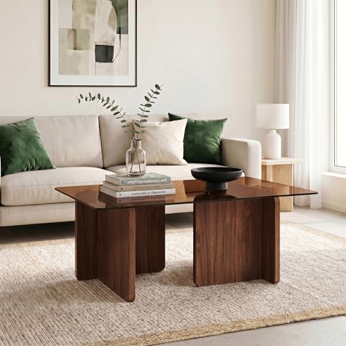 Modern Glass Coffee Table, 39.4 Inches Rectangular Center Tables for Living Room, Coffee Table with Wood Cross Base Easy Assembly Walnut