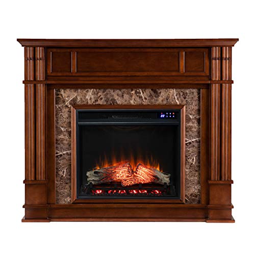 Highgate Media Touch Screen Electric Fireplace - Transitional Design, Brown Glass and Wood - Ideal for Living Room, Bedroom (FR9321)