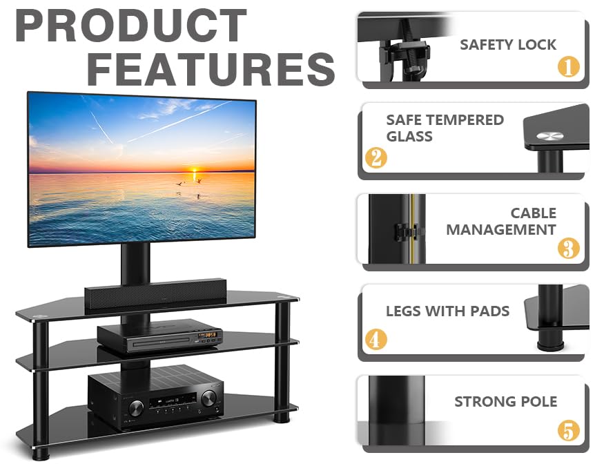 TAVR Swivel Floor TV Stand with Table for 32-70 Inch TVs | Universal Height Adjustable Glass TV Stand with Large Storage Shelves, Strong Corner TV Stand Mount Holds up to 88lbs, Black