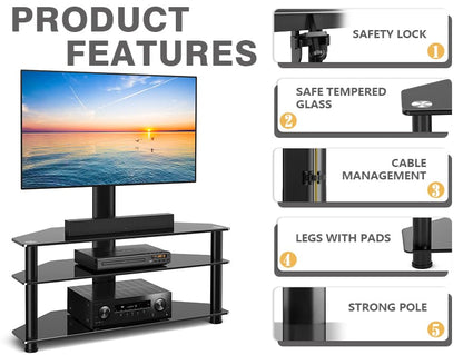 TAVR Swivel Floor TV Stand with Table for 32-70 Inch TVs | Universal Height Adjustable Glass TV Stand with Large Storage Shelves, Strong Corner TV Stand Mount Holds up to 88lbs, Black