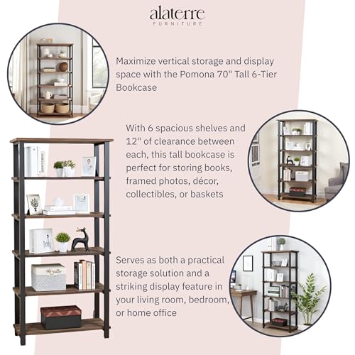 Pomona Living Room 6-Tier Solid Wood Bookcase with Metal Frame – Rustic Industrial Modern Wood and Metal Bookshelf for Home Office, Living Room, or Bedroom Storage