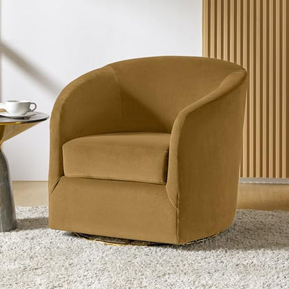 Swivel Accent Chair with Gold Metal Base, Contemporary Velvet Curved Swivel Barrel Chair, Upholstered Club Armchair, Leisure Single Sofa for Living Room, Nursery, Bedroom(Golden)