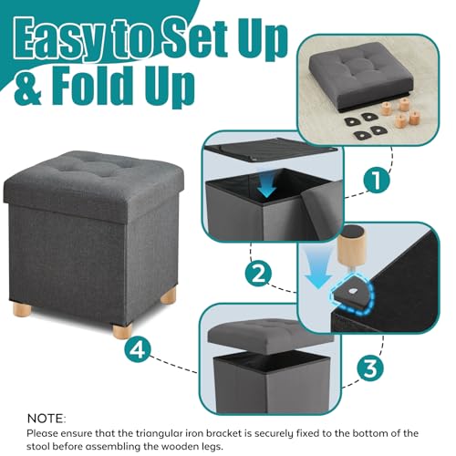 Ottoman with Storage, Square Storage Ottoman for Dorm, Linen Folding Ottoman Foot Stool with Legs for Living Room and Bedroom, 17.7"x17.7"x20" - Gray