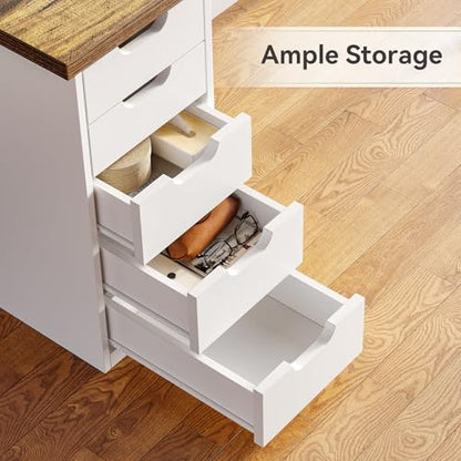 Computer Desk with 5 Drawers, 47 Inch Modern Simple Study Writing Desk with Metal Frame, Work Desk for Home Office, Rustic Brown and White