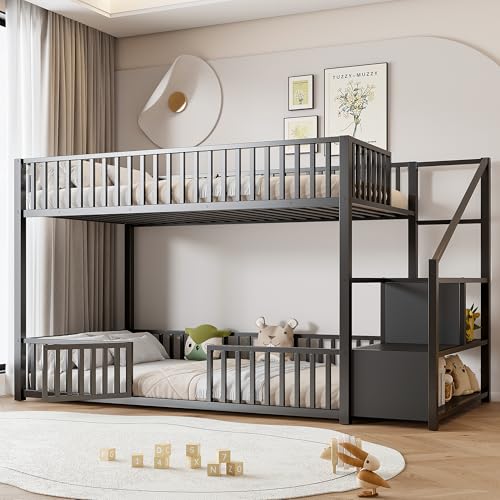 JIVOIT Twin Size Bunk Bed with Storage Ladder, Metal Low Bunk Bed, Metal Slats (Black/ 102)