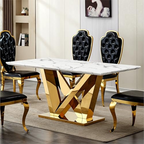 Marble Dining Table for 6 People, 70'' Rectangle Faux Marble Dining Table with Mirrored Stainless Steel Base, Large Size Marble Kitchen Table (Gold,White)(ONLY Table)