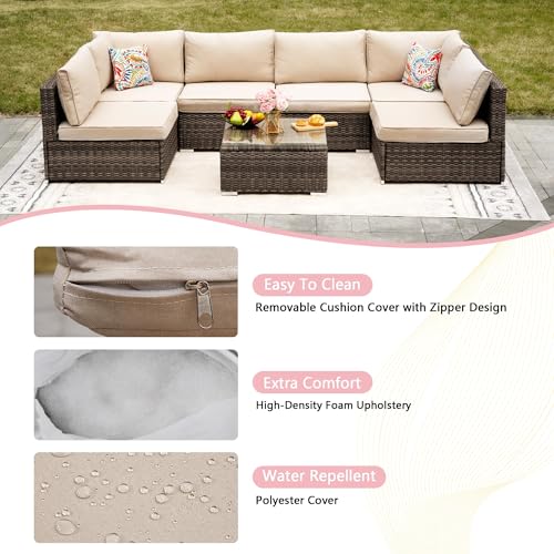 7-Piece Outdoor Patio Furniture Set - PE Wicker Sectional Sofa Set,with (Beige) Cushions and Glass-Top Coffee Table, Perfect for Gardens, Poolside, Backyard, Beige/Brown