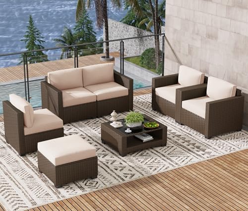 7 Piece Outdoor Patio Furniture Set, Rattan Chairs Glass Table Wicker Conversation Seating Sectional Sofa with Cushions (Brown-Beige, 7Pcs-2 Layer Coffee Table)