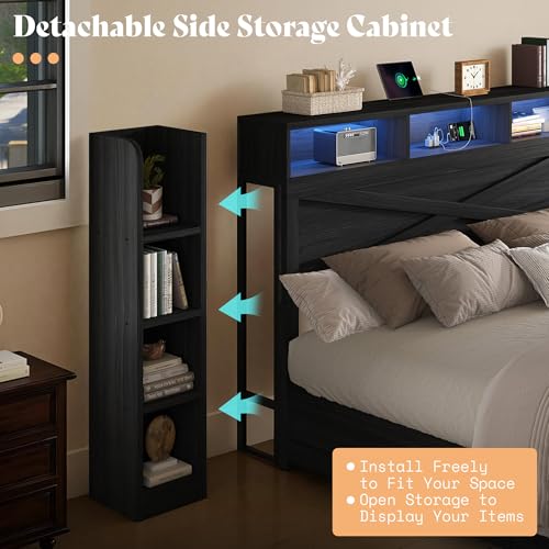 45'' Farmhouse King Bed Frame with Headboard & Storage, Black, view 8