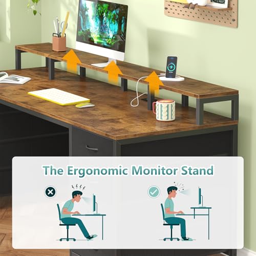 60 Inch Computer Desk with 8 Fabric Drawers, Gaming Desk with LED Lights & Power Outlets, Home Office Desk with Monitor Stand, Rustic Brown