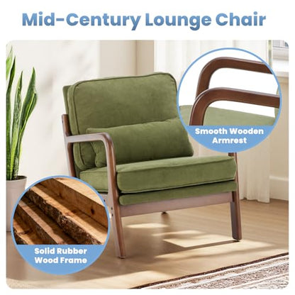 Mid Century Modern Accent Chair, Upholstered Low Armchair with Lumbar Pillow and Solid Wooden Frame, Lounge Chair for Small Living Room, Bedroom, Reading Nook, Green
