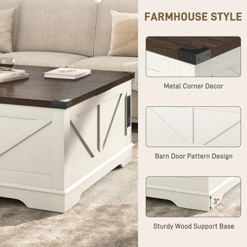 40” Large Farmhouse Lift Top Coffee Table with Power Outlets and Large Hidden Storage, Square Wood Living Room Tables, Multi-Function Lift Wooden Barn Door Center Table, Rustic White