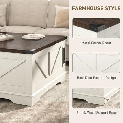 40” Large Farmhouse Lift Top Coffee Table with Power Outlets and Large Hidden Storage, Square Wood Living Room Tables, Multi-Function Lift Wooden Barn Door Center Table, Rustic White