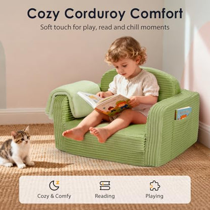 2 in 1 Convertible Kids Couch - Corduroy Fold Out Kids Sofa Chair with Blanket, Comfy Comfortable Toddler Chair, Machine-Washable Cover, for Boys Girls, Medium Green
