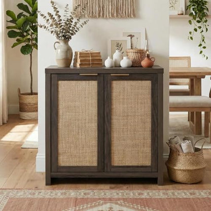 Home Rattan Sideboard Cabinet with Storage, Black Oak, view 2