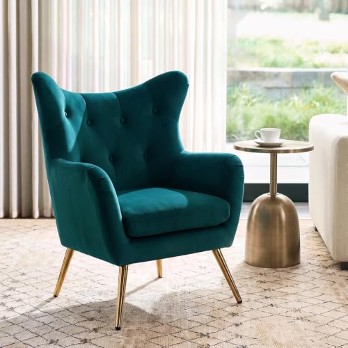 Teal Velvet Tufted Wingback Armchair with Gold and Wood Legs, view 2