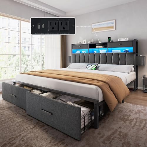 King Size Bed Frame with 2 Storage Drawers and Charging Station, view 2