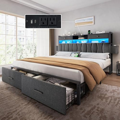King Size Bed Frame with 2 Storage Drawers and Charging Station, view 2