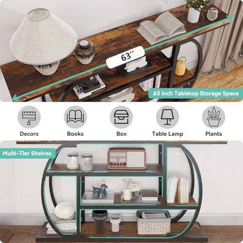 63" Narrow Console Table with Storage, 4-Tier Sofa Table Behind Couch, Industrial Entryway Accent Table with Metal Frame for Living Room, Hallway, Foyer