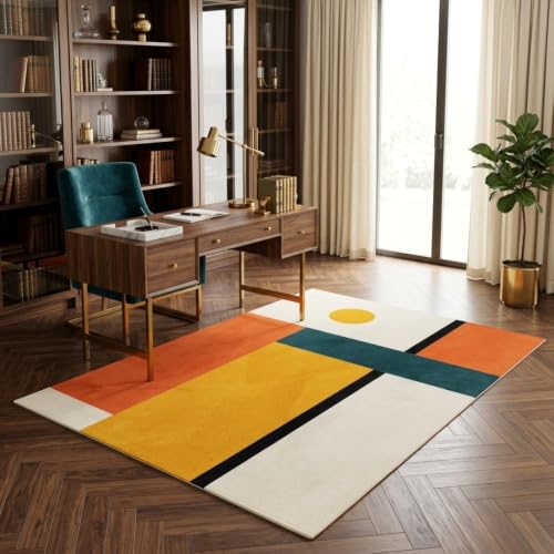 Mustard Yellow Terracotta Teal Bauhaus Color Block Abstract Mid Century Modern Area Rug 2x6 Boho Rug for Living Room Dining Room Bedroom Gustroom Home Office Dorm Apartment Washable Low Pile Carpet