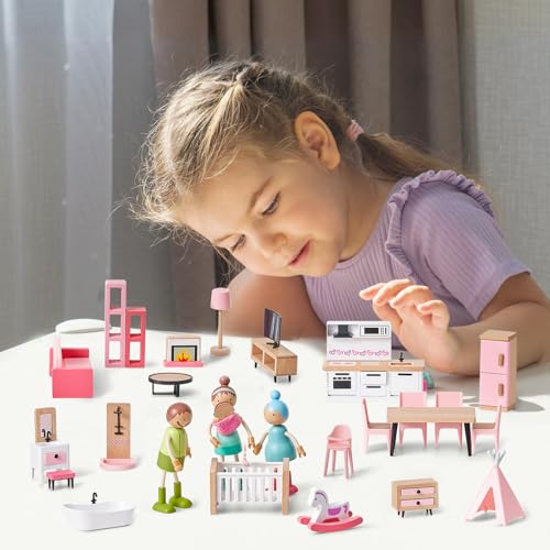 36pcs Wooden Dollhouse Furniture Set with Dolls for 5 Rooms, Wood & Plastic Pink Dollhouse Accessories Pretend Play Furniture Toy Christmas Birthday Gift Toy for Kids Boys Girls Toddler 3+