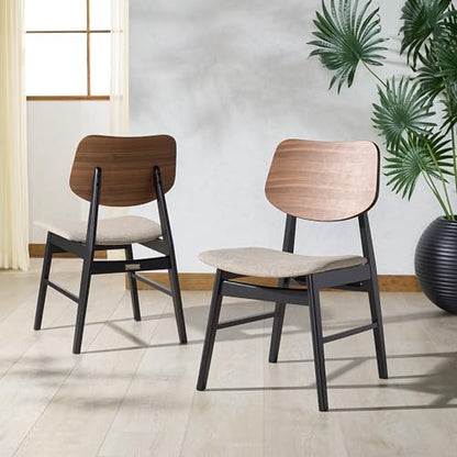 SAFAVIEH Couture Collection - Rhonda Walnut & Black Mid-Century Dining Chair Set of 2, Upholstered Linen-Style Seat, Modern Wood Design (SFV6708B-SET2)