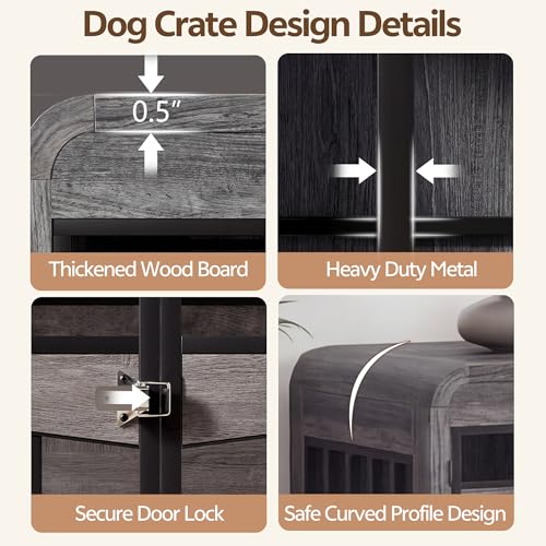 72" Double Dog Crate Furniture, Dog Crates for 2 Medium Dogs, Grey, view 6