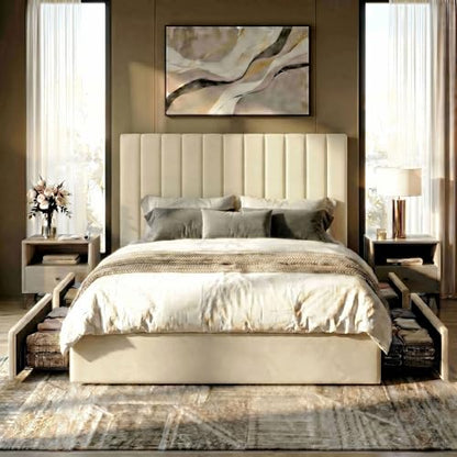 Queen Platform Bed Frame with 4 Storage Drawers, Vertical Channel Tufted Adjustable Headboard, Velvet Upholstered, Wooden Slats Support, No Box Spring Needed, Easy Assembly, Cream