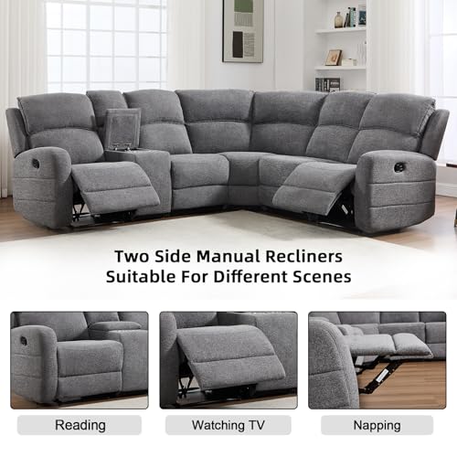 Fabric L-Shaped Reclining Sectional Sofa Couch for Living Room, Manual Recliner Oversized Sofa, with Padded Headrest, 2 Cup Holders, Storage Space, 5-Seater Home Furniture Set, Grey