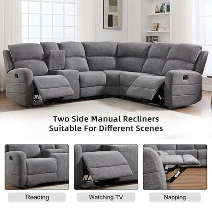 Fabric L-Shaped Reclining Sectional Sofa Couch for Living Room, Manual Recliner Oversized Sofa, with Padded Headrest, 2 Cup Holders, Storage Space, 5-Seater Home Furniture Set, Grey