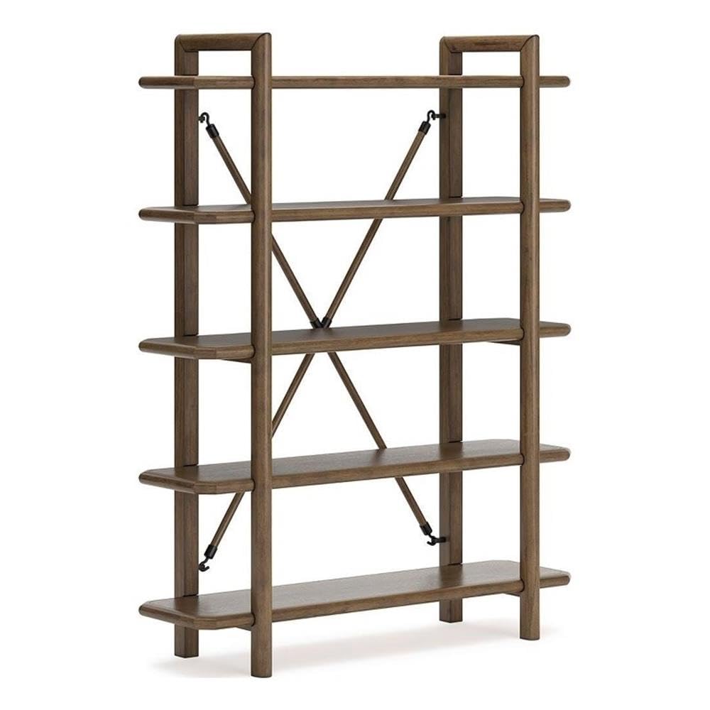 71 in Home Office Bookcase, Brown Oak Finish, Hardwood Solids and Veneer, 5 Open Shelves, Sturdy Vertical Storage, Metal Back Brace, Stylish Display for Books, Plants, Photos, Living Room